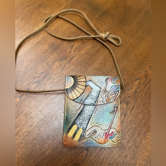 Rare Anuschka Hand Painted (both sides) Crossbody Leather Mini Bag. Signed. - Picture 5 of 6